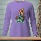 Mermaid with seashell bowl and crab on a wooden post surrounded by water.