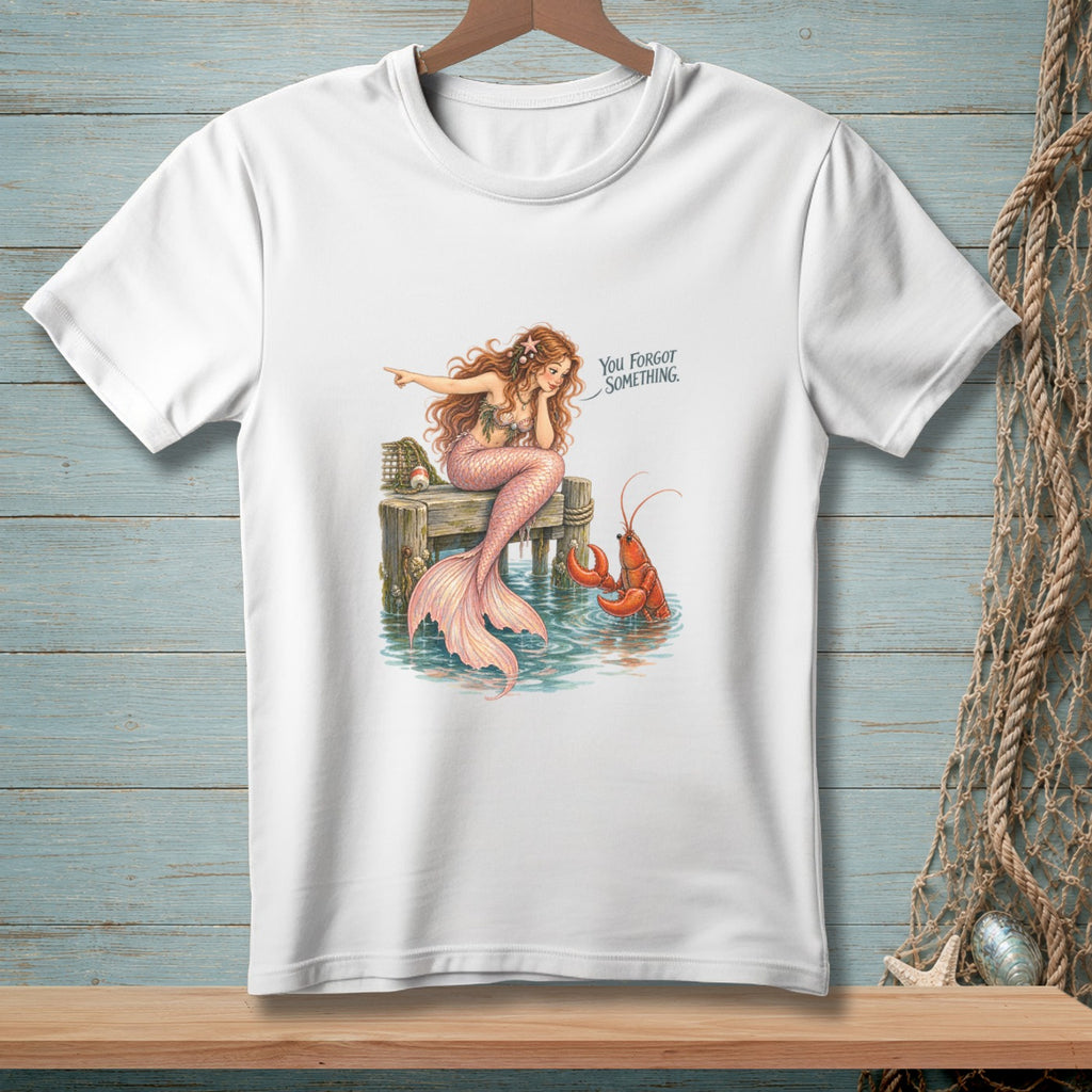 Mermaid on pier points at lobster, with text "You Forgot Something."