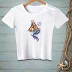 White t-shirt with a mermaid illustration and text "I DID NOT ORDER THIS LOOK."
