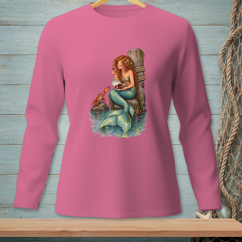Pink long-sleeve shirt featuring a mermaid holding a seashell with chocolates and a crab.