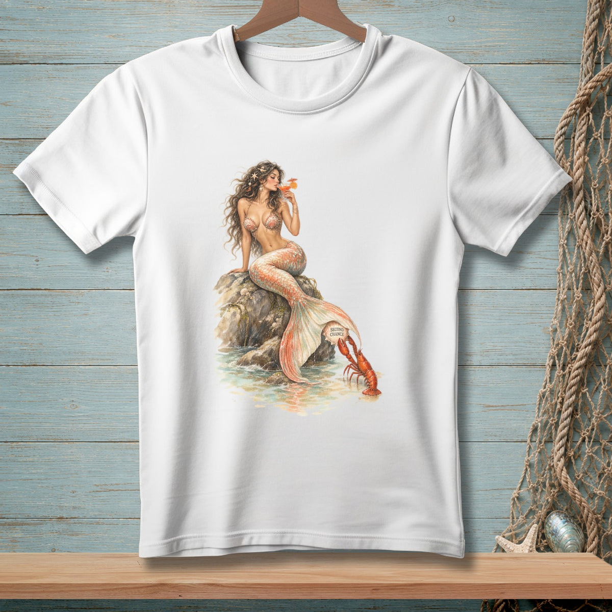 White t-shirt with a watercolor illustration of a mermaid sitting on a rock, drinking and a lobster.