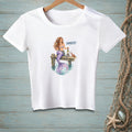 White t-shirt with a mermaid sitting on a dock holding wine and text "Handled".