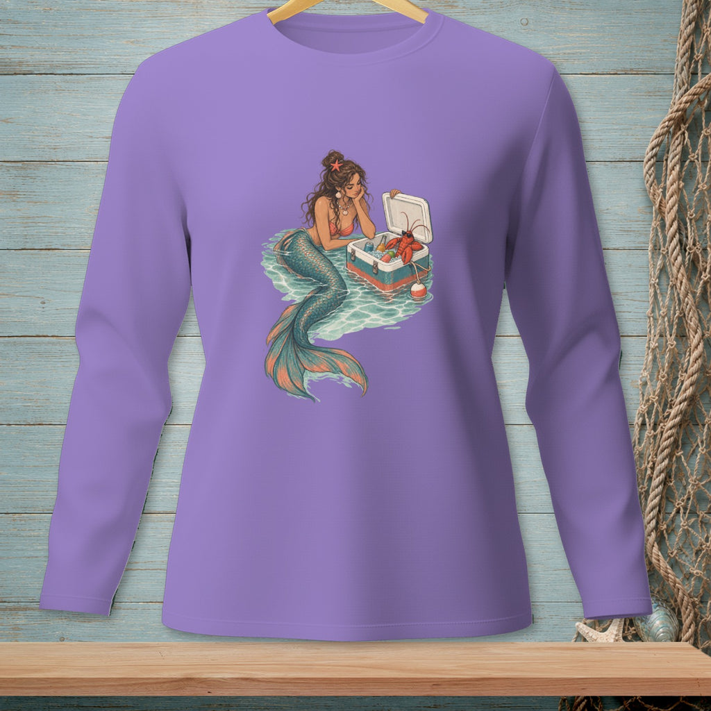 Mermaid with lobster cooler and wine on water.
