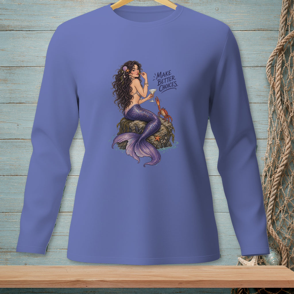 Mermaid with crab and starfish drinks martini with text "Make Better Choices".