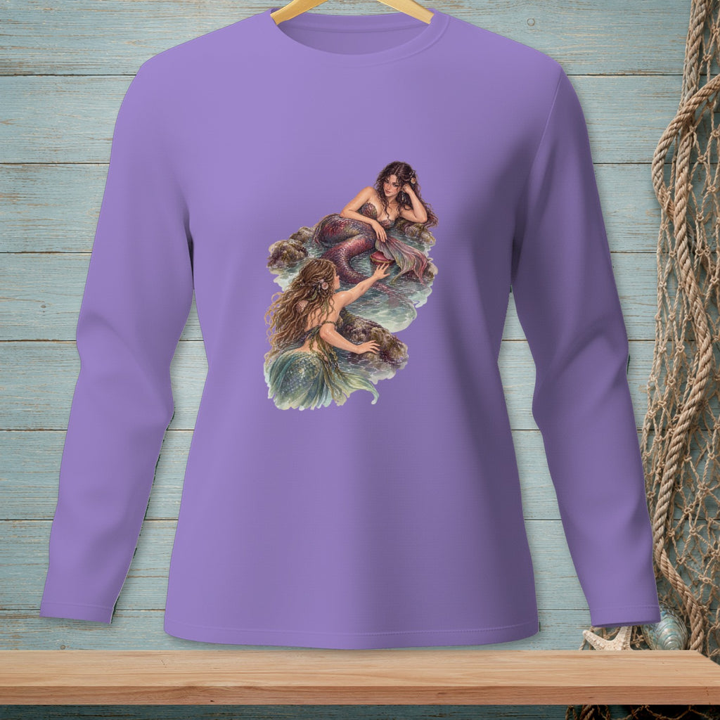 Purple long-sleeved shirt with two mermaids art on the front.