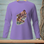 Purple long-sleeved shirt with two mermaids art on the front.