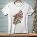 White t-shirt with an illustration of two mermaids interacting near rocks in water.