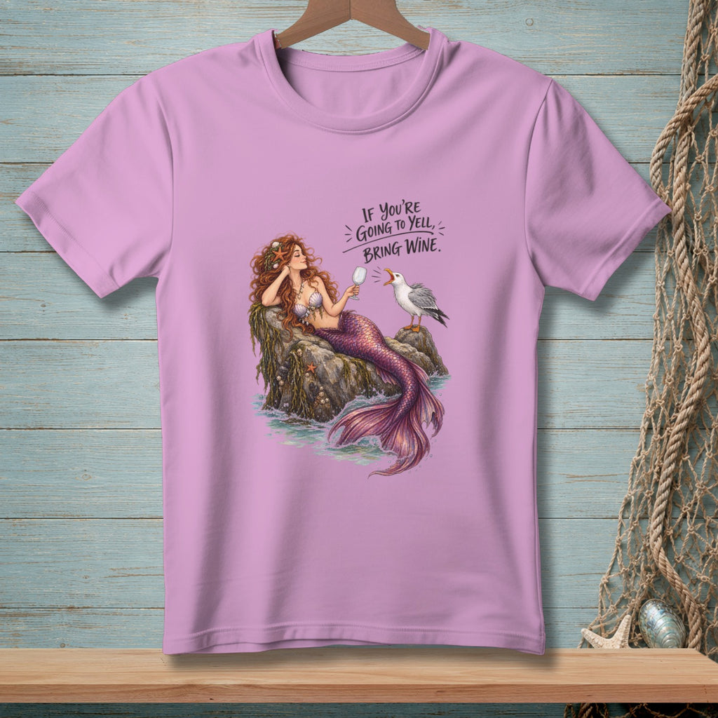 Lavender t-shirt with mermaid, seagull, and text "If you're going to yell, bring wine."