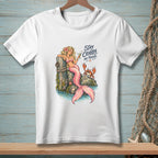 White t-shirt with mermaid and crab graphic and text "Stay Crabby, My Friend."