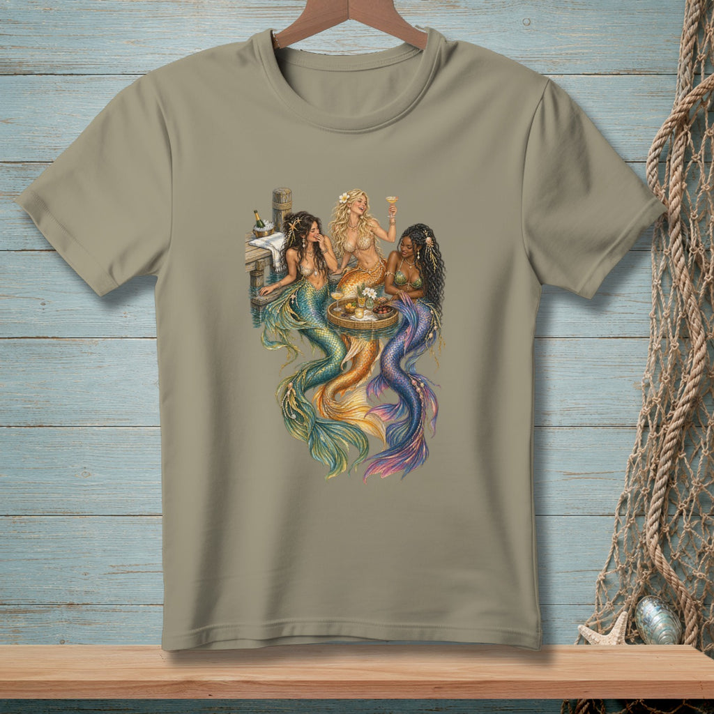 Three mermaids with colorful tails relax on a dock with drinks and snacks.