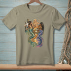 Three mermaids with colorful tails relax on a dock with drinks and snacks.