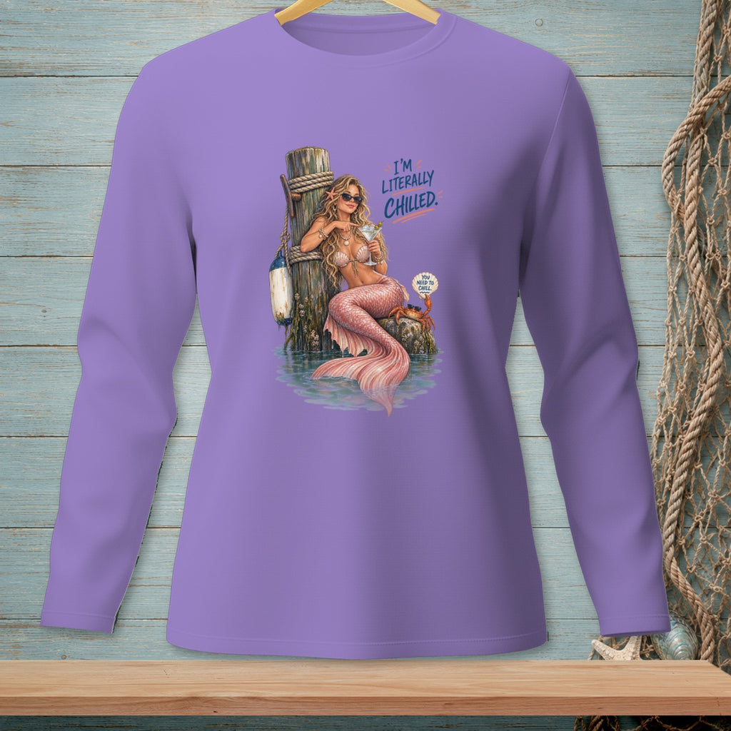 Mermaid with martini on dock, text "I'm literally chilled."
