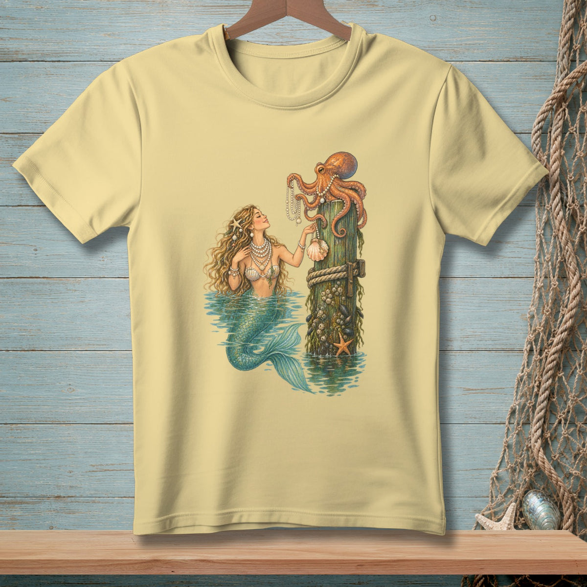 Mermaid and octopus with pearl necklace on barnacle-covered post in water.