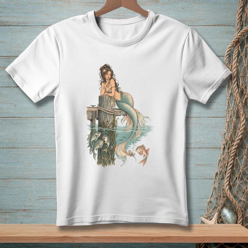 Mermaid with fish and goldfish by wooden pier, reflected in water.