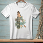 Mermaid with fish and goldfish by wooden pier, reflected in water.