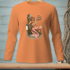 Orange long-sleeve shirt with a graphic of a mermaid holding a drink, text "I'M LITERALLY CHILLED."