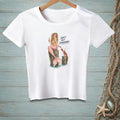 White t-shirt with mermaid, lobster, and text "DON'T GET COMFORTABLE."