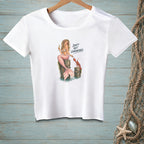 White t-shirt with mermaid, lobster, and text "DON'T GET COMFORTABLE."