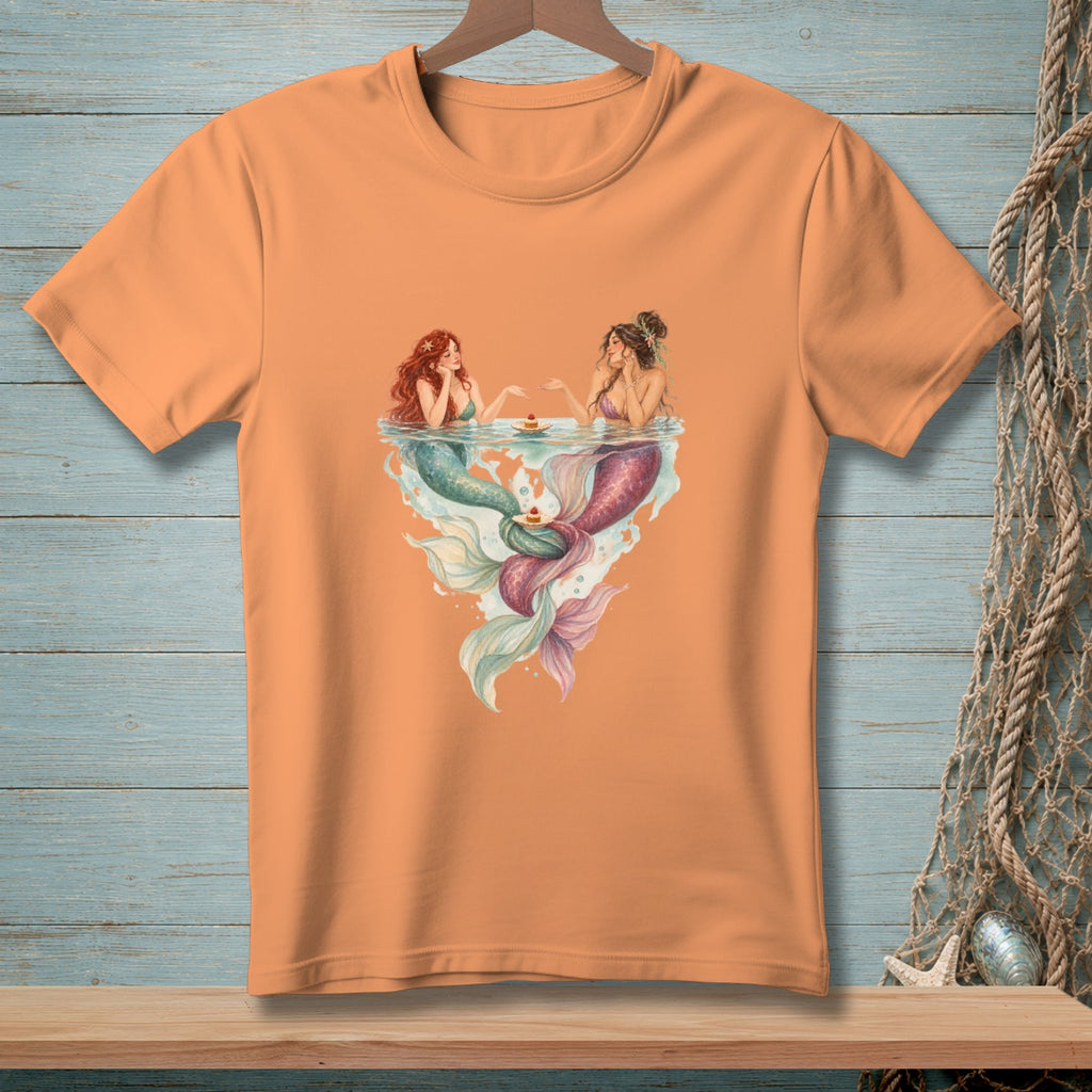 Two mermaids with tails in water, sitting at small tables with cupcakes.