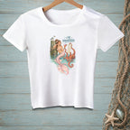 White t-shirt with mermaid, octopus, and text "I've Prioritized."