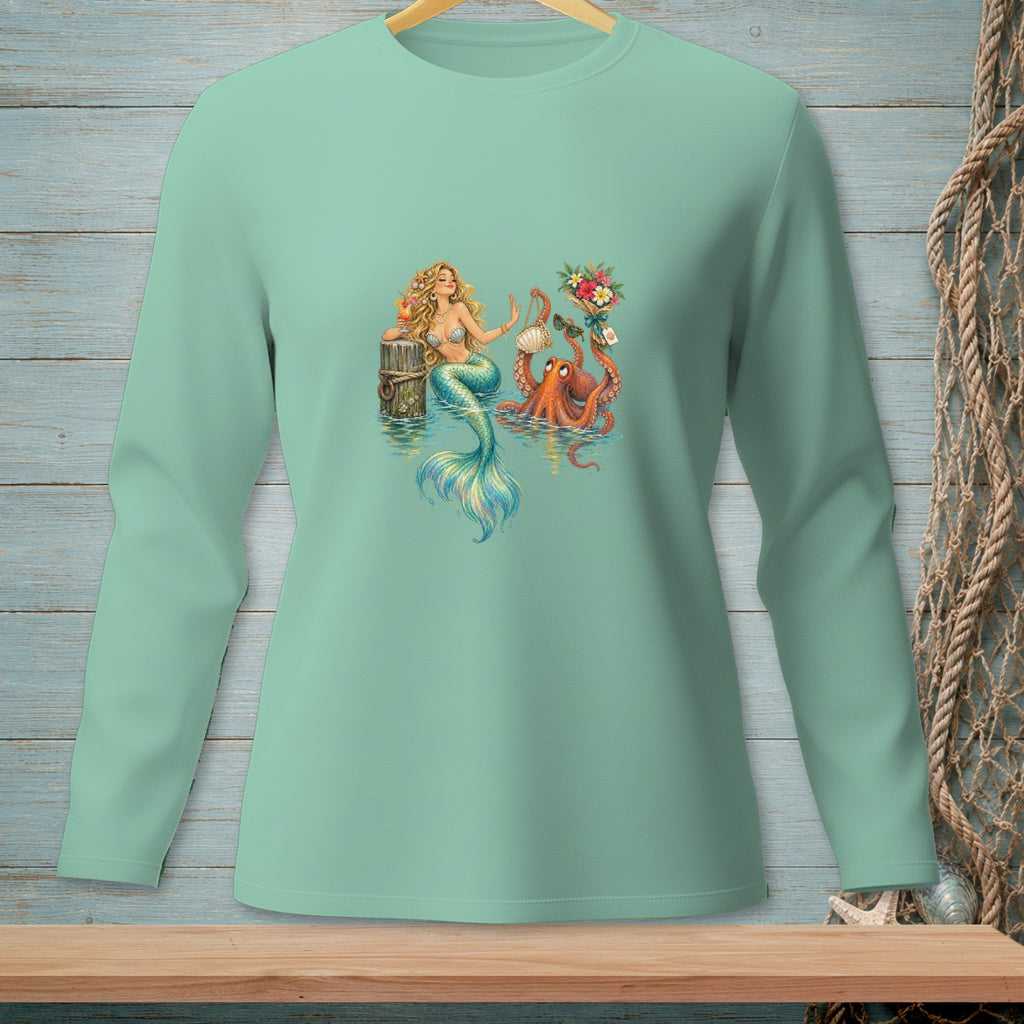 Mermaid sitting on a pier with an octopus holding flowers and shells.
