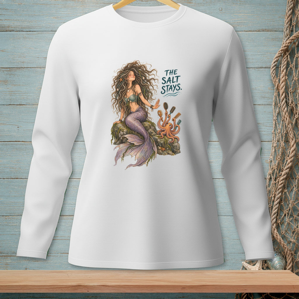 White long-sleeve shirt with a mermaid, octopus, and the text "The Salt Stays."