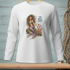 White long-sleeve shirt with a mermaid, octopus, and the text "The Salt Stays."