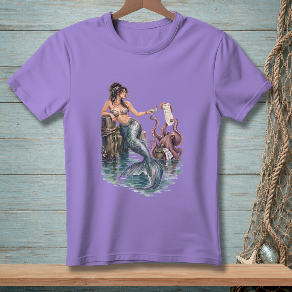 Mermaid with octopus and a "To Do" list by a wooden dock.
