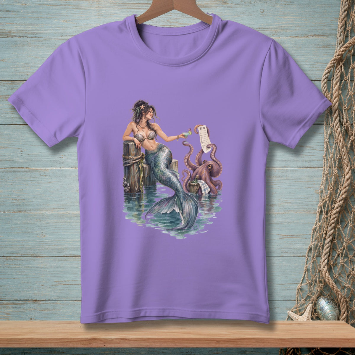 Mermaid with octopus and a "To Do" list by a wooden dock.