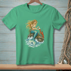 Mermaid with long blonde hair holding a pearl, sitting on a rock with a lobster.