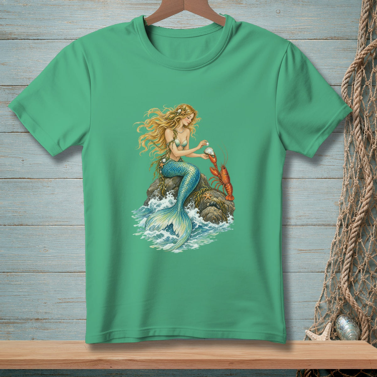 Mermaid with long blonde hair holding a pearl, sitting on a rock with a lobster.