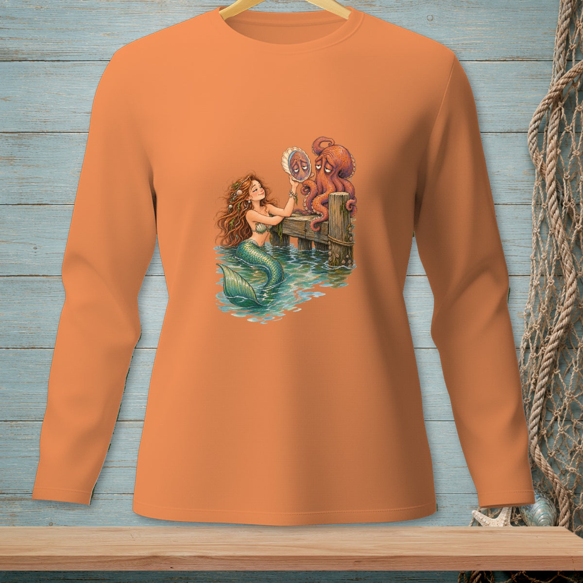 Mermaid holding a shell with an octopus looking at it.