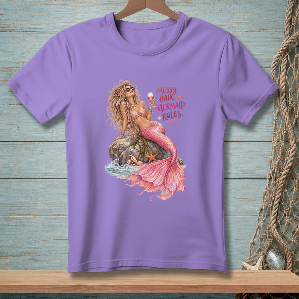 Purple t-shirt with mermaid graphic and text "Messy Hair Mermaid Rules."