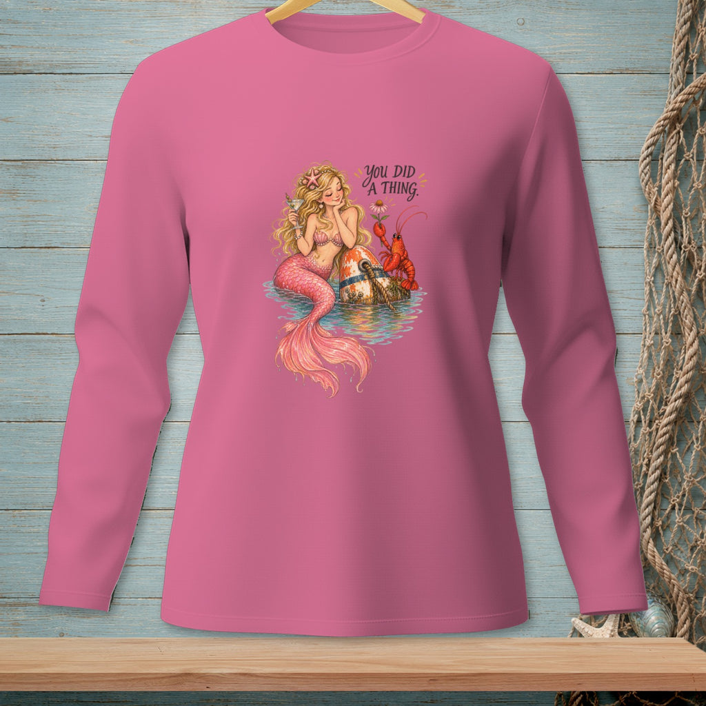 Pink long-sleeved shirt with mermaid, lobster, and text "YOU DID A THING."