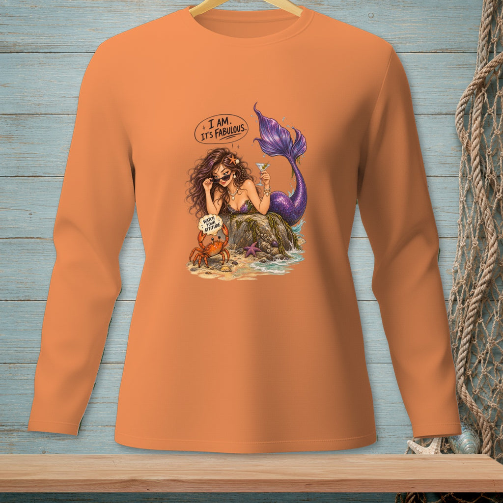 Mermaid with crab and text "I AM. IT'S FABULOUS." and "WATCH YOUR ATTITUDE."