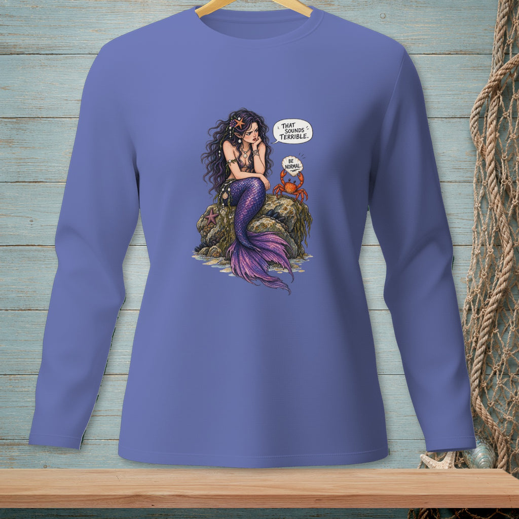 Mermaid on rock with crab says "That sounds terrible. Be normal."