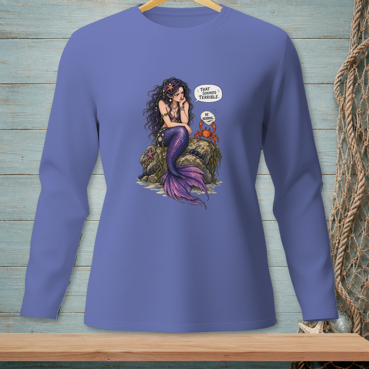 Mermaid on rock with crab says "That sounds terrible. Be normal."