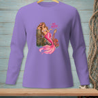 Purple long-sleeve shirt with a mermaid, octopus, and text that says "NO NOTES".