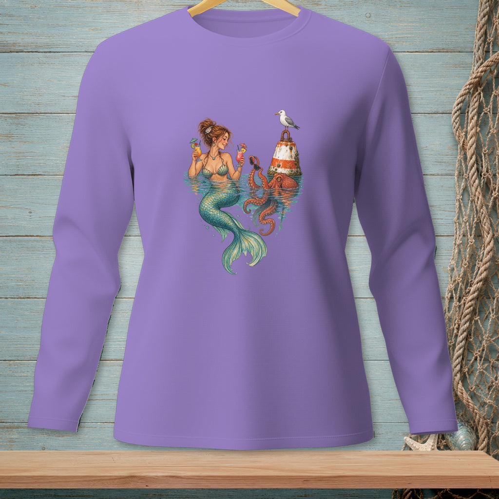 Mermaid with drinks near lighthouse and octopus on purple long sleeve shirt.