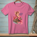 Pink t-shirt with mermaid, lobster, and text "OH, WE'RE DOING CLAWS NOW?".