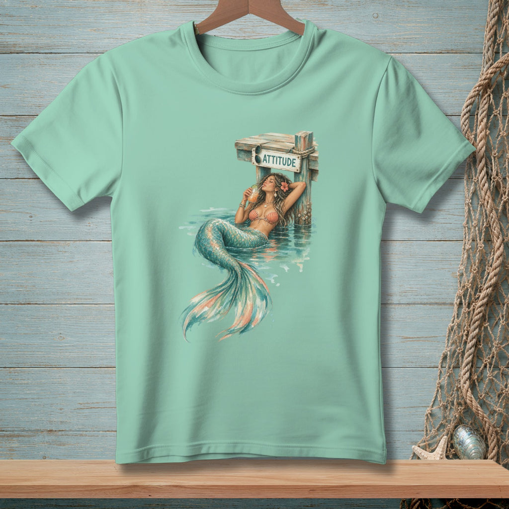 Mint green t-shirt with a mermaid leaning on a post with "ATTITUDE" text.