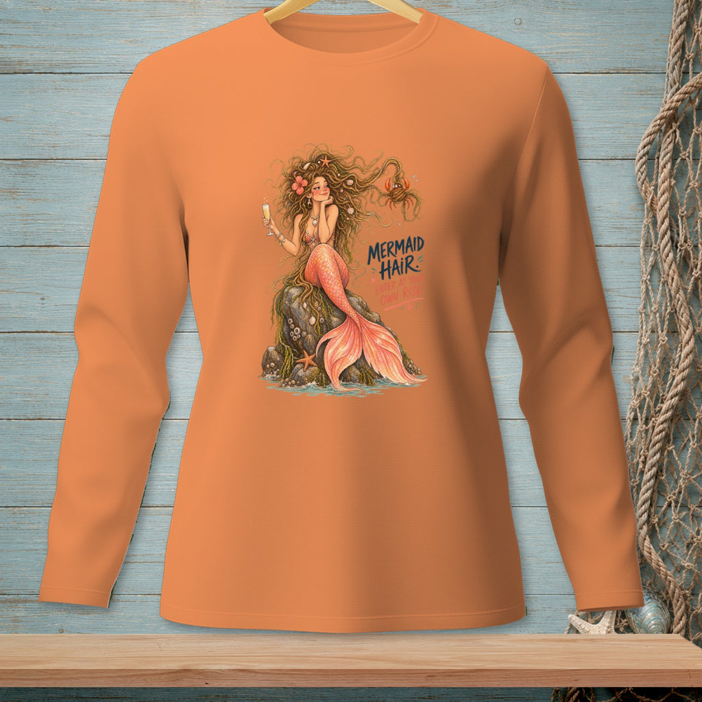 Orange long-sleeved shirt with mermaid graphic and text "Mermaid Hair Enter At Your Own Risk".
