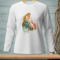 Long sleeve white shirt featuring a mermaid holding a pearl with a lobster beside her.