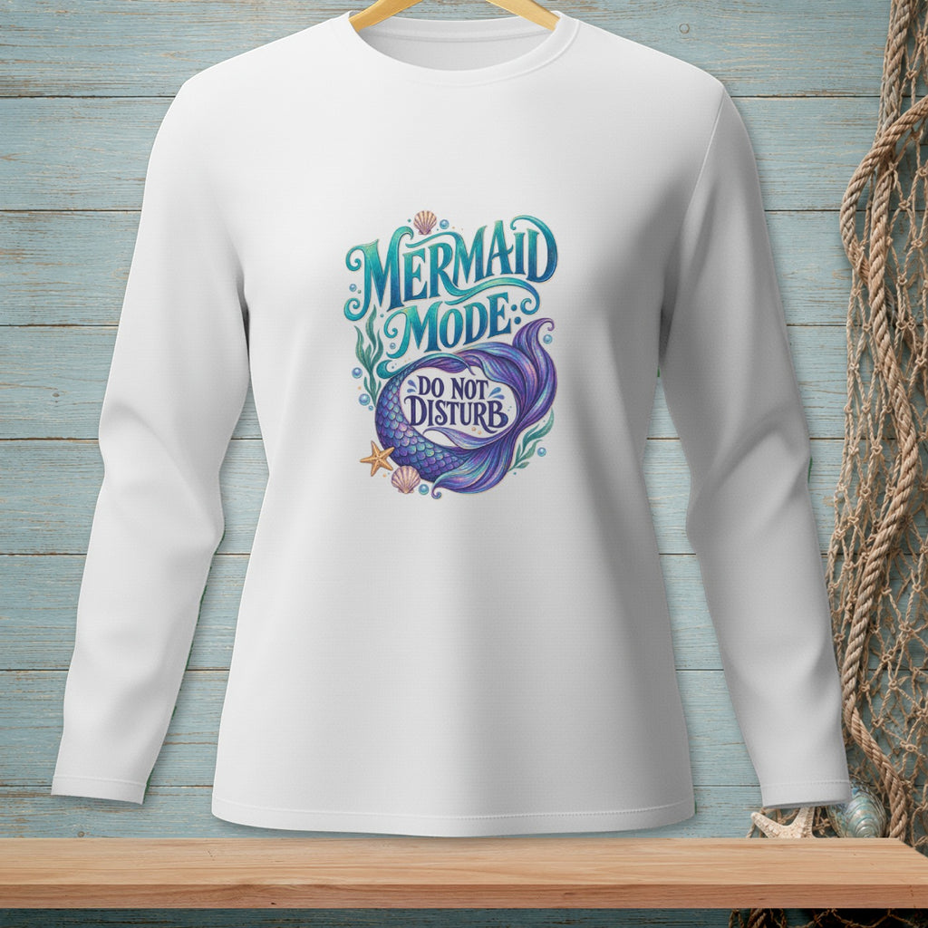 White long-sleeve shirt with "Mermaid Mode: Do Not Disturb" text and mermaid tail graphic.