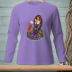 Mermaid with lobster and starfish on a rock holding notes, on a purple shirt.