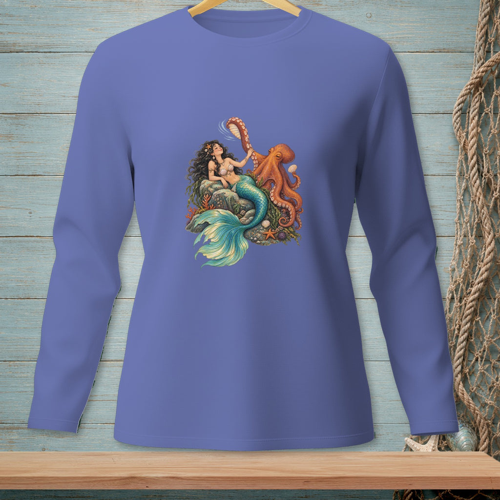 Purple long-sleeve shirt with a mermaid and octopus graphic.