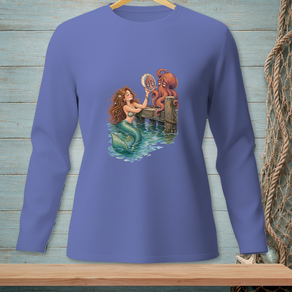 Mermaid and octopus looking at a pearl on a wooden pier.