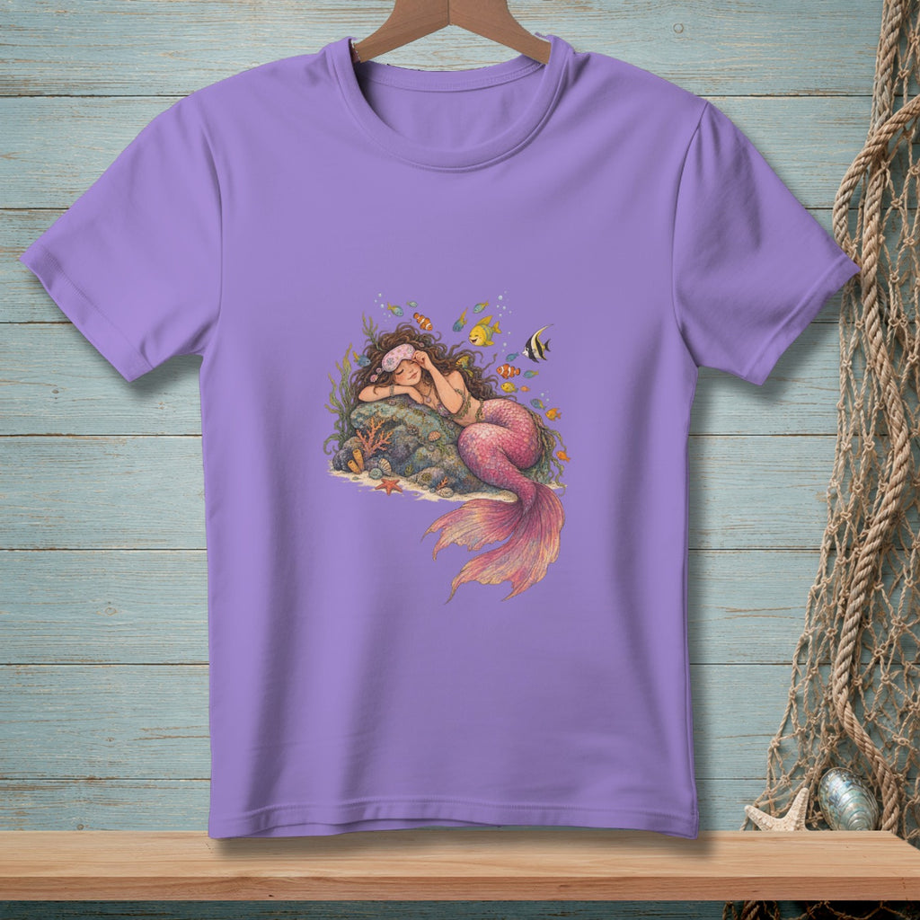 Purple t-shirt with a sleeping mermaid and fish illustration on the front.
