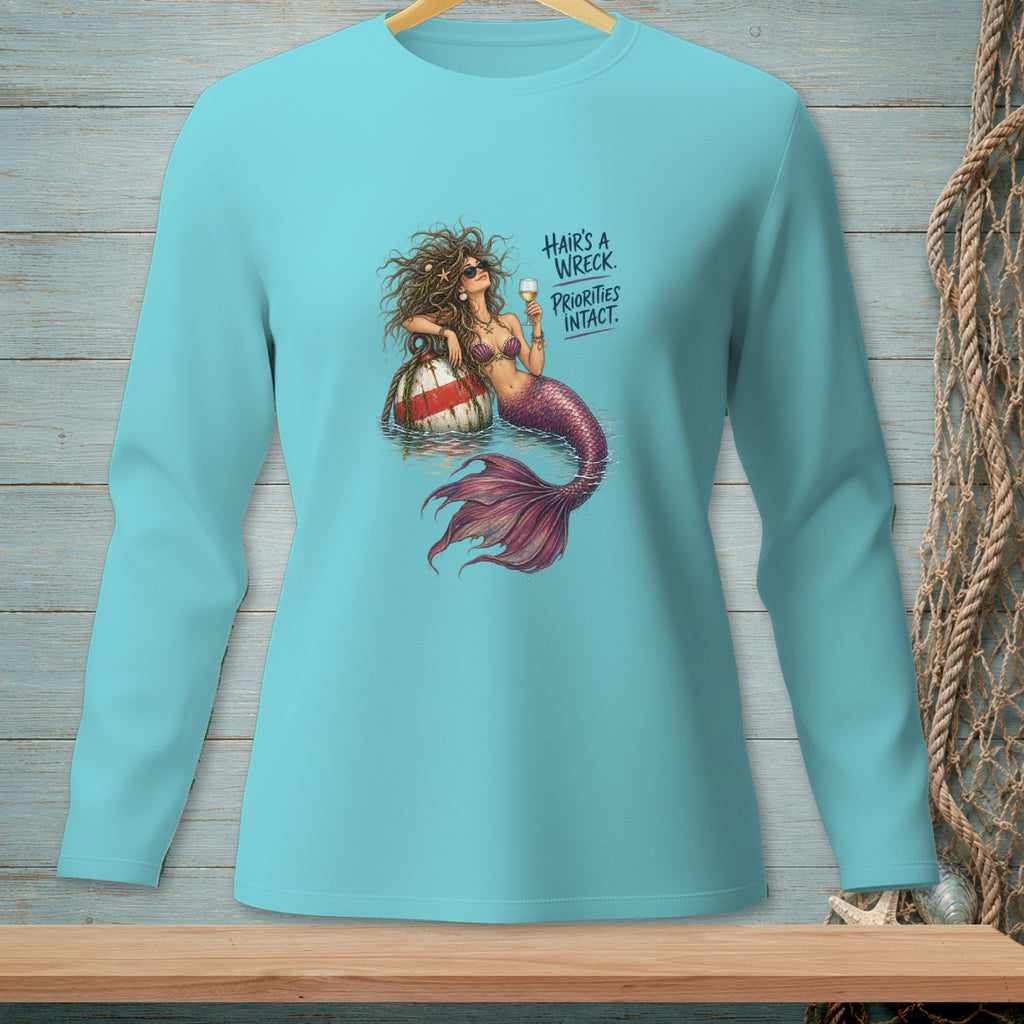 Mermaid with wine and text: "Hair's a wreck. Priorities intact."