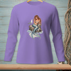 Purple long-sleeve shirt with a mermaid and seagull graphic on a rock.